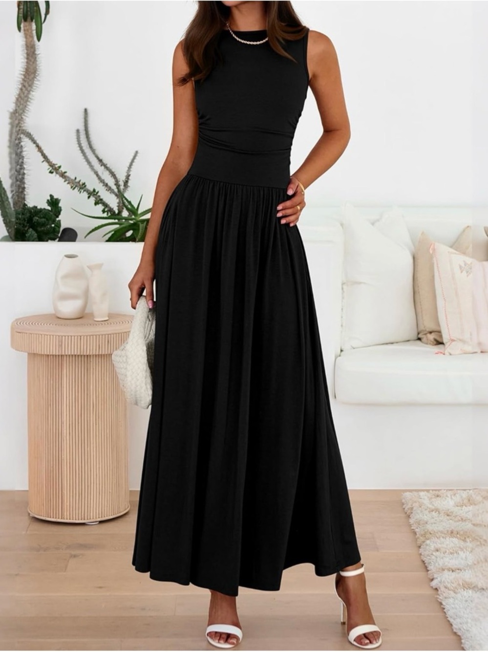 Sleeveless Black Maxi Dress with Gathered Waist - Picture 3 of 7